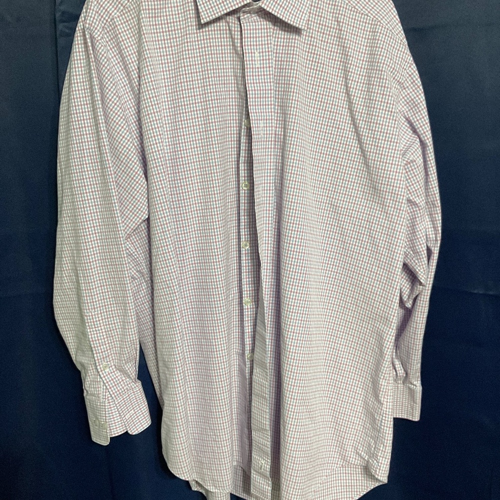 David Donahue dress shirt pink,blue and white plaid size 16. M163